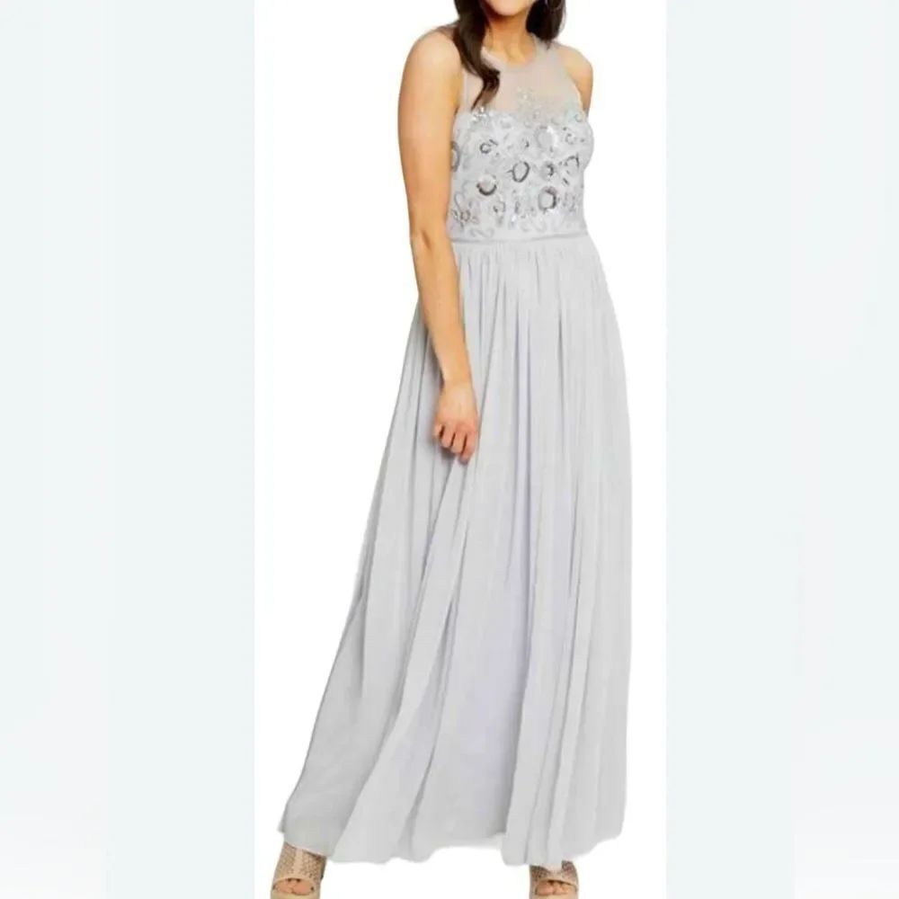 ALTAR'D STATE GREY VUSEN BEADED SEQUIN EMBELLISHED MESH MAXI DRESS Size SMALL)